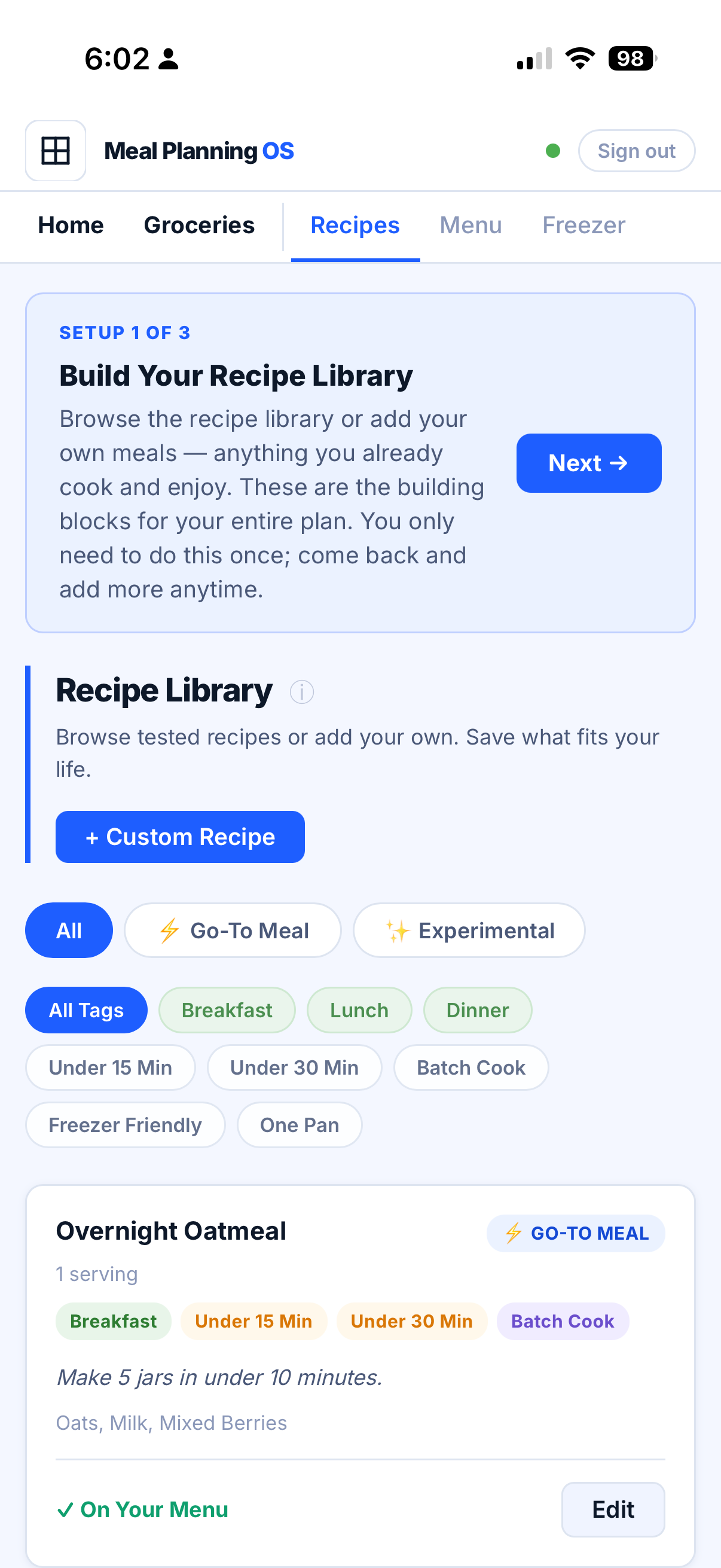 Setup 1 — Recipe Library