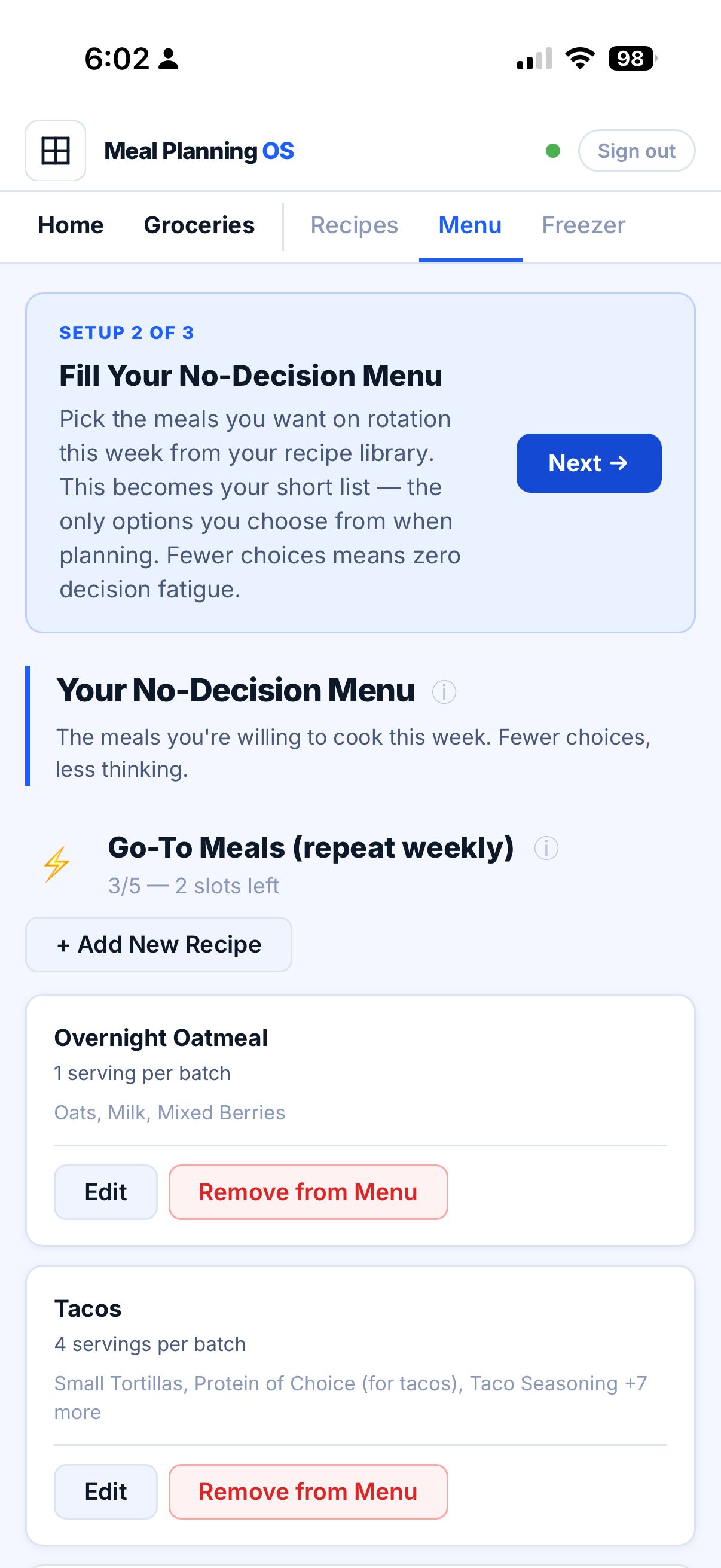 Setup 2 — No-Decision Menu