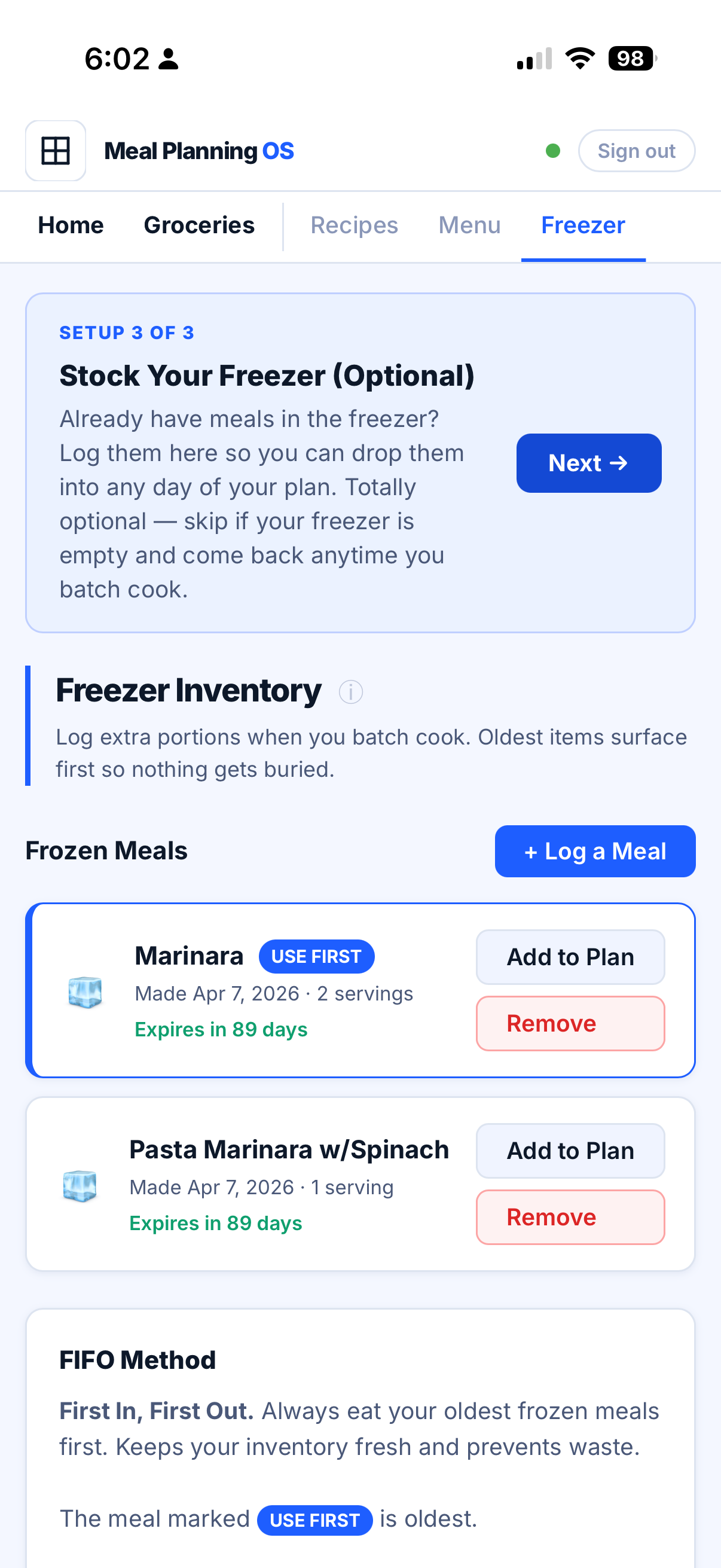 Setup 3 — Freezer Inventory